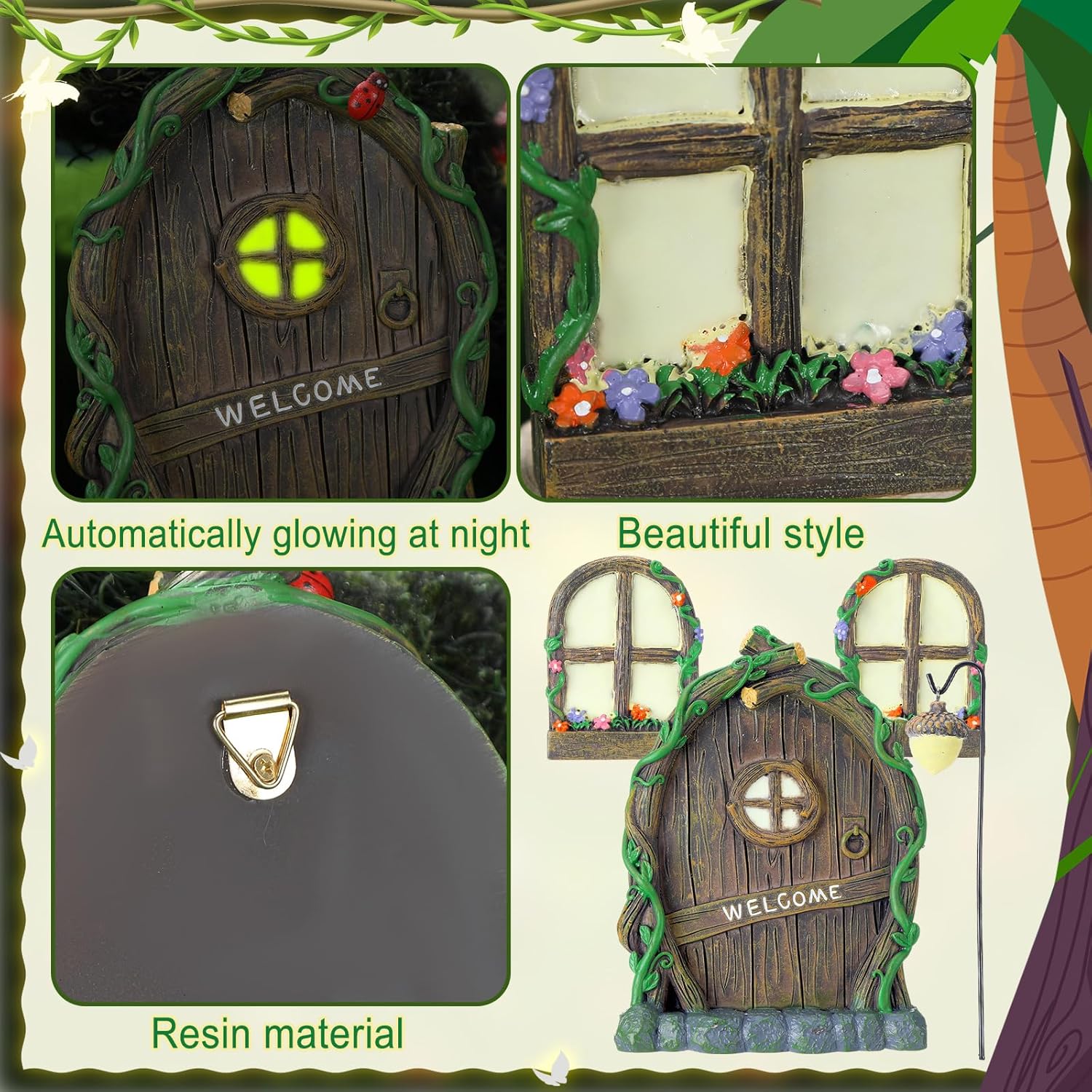 Thyle 47 Pcs Fairy House Garden Accessories Kit Glow in the Dark Mushroom House Resin Outdoor Village Door Window Figures Garden Miniature for DIY Room Wall Tree Outdoor Decorations