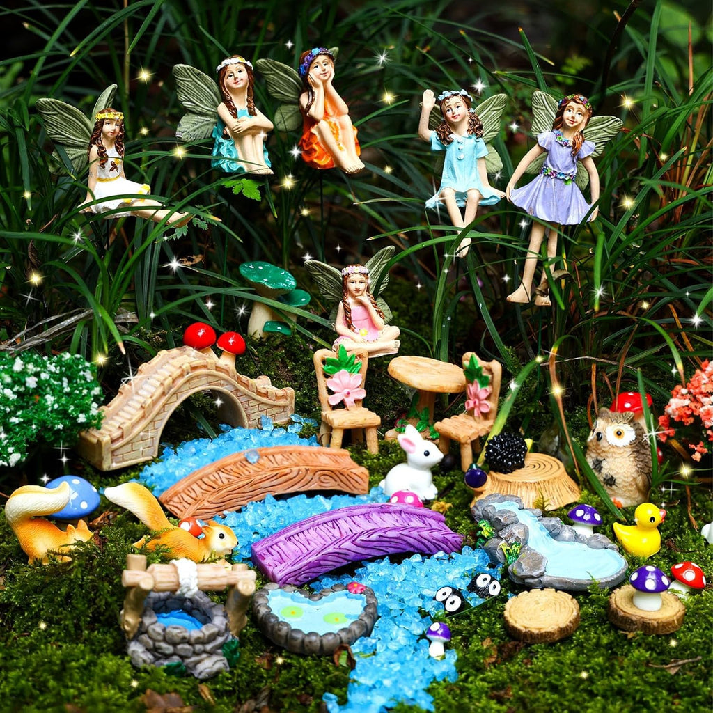 100 Pcs Fairy Garden Accessories Miniatures Figures Kit Micro Landscape Terrarium Ornaments Resin Mushroom Animal Fake Pond Lawn Bridge Garden Decoration