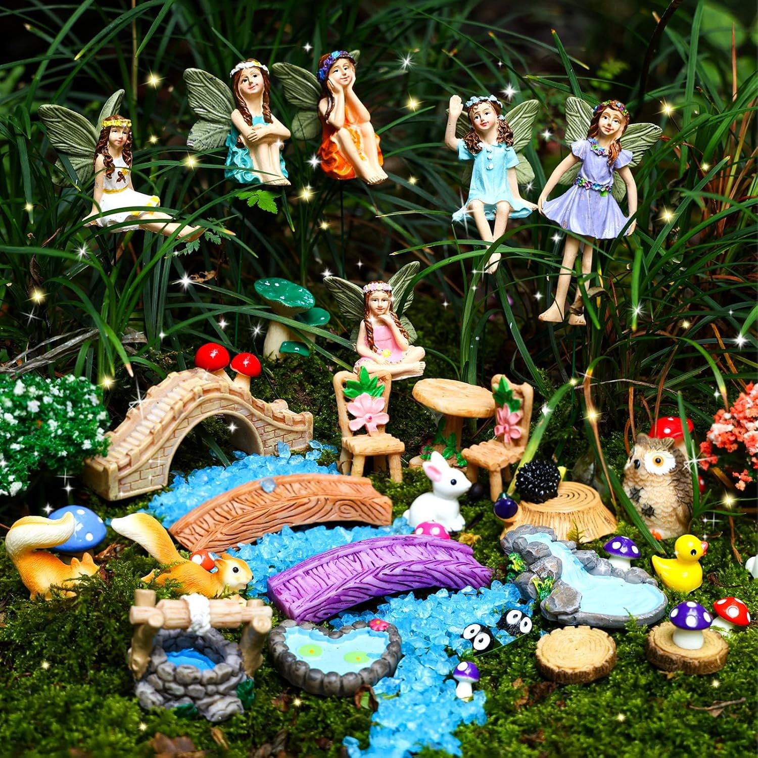 100 Pcs Fairy Garden Accessories Miniatures Figures Kit Micro Landscape Terrarium Ornaments Resin Mushroom Animal Fake Pond Lawn Bridge Garden Decoration