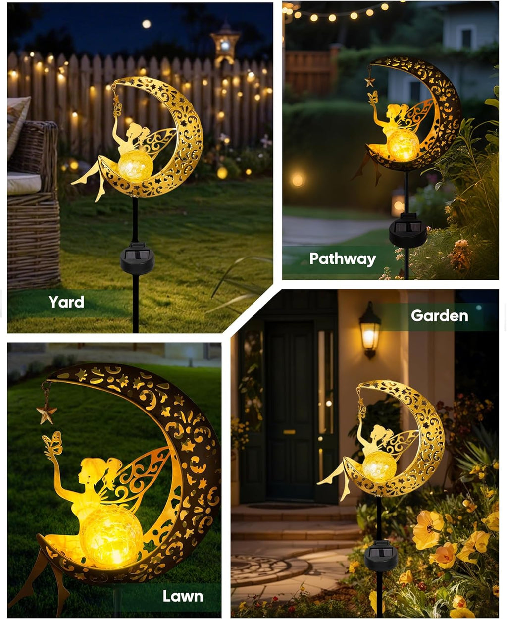 Vuees Solar Garden Statues Outdoor Decor, Fairy Moon Figurine Light Stake, Housewarming Ornament for Patio, Lawn, Yard, Pathway - Unique Gift Ideas for Gardening Mom Grandma