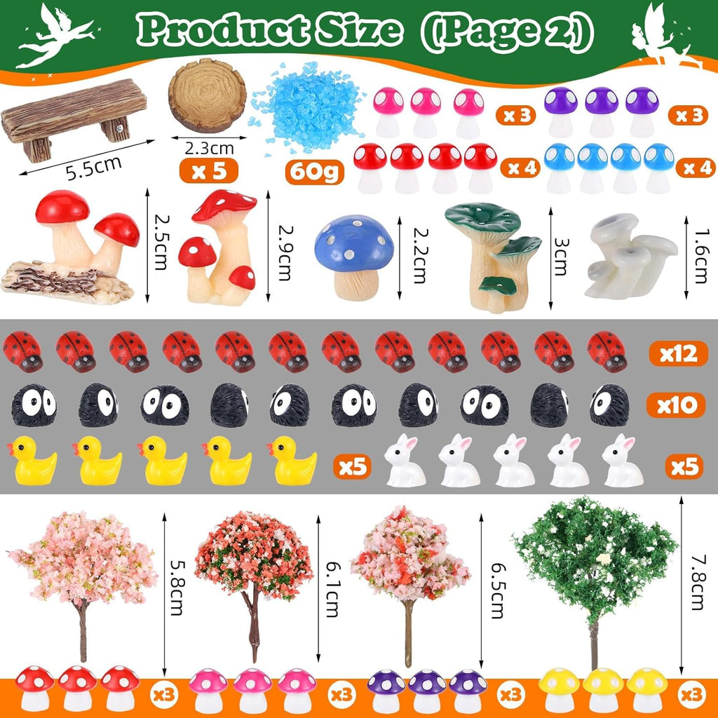 100 Pcs Fairy Garden Accessories Miniatures Figures Kit Micro Landscape Terrarium Ornaments Resin Mushroom Animal Fake Pond Lawn Bridge Garden Decoration