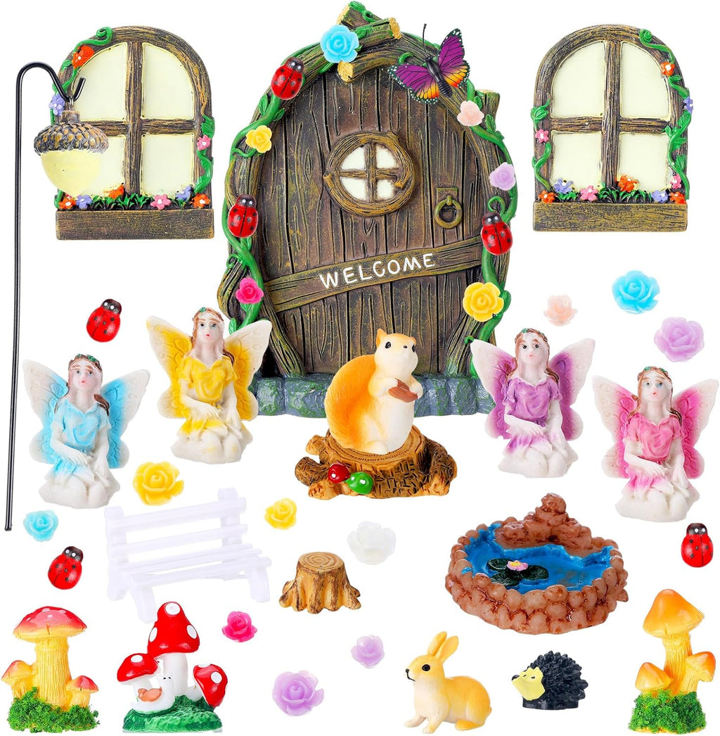 Thyle 47 Pcs Fairy House Garden Accessories Kit Glow in the Dark Mushroom House Resin Outdoor Village Door Window Figures Garden Miniature for DIY Room Wall Tree Outdoor Decorations