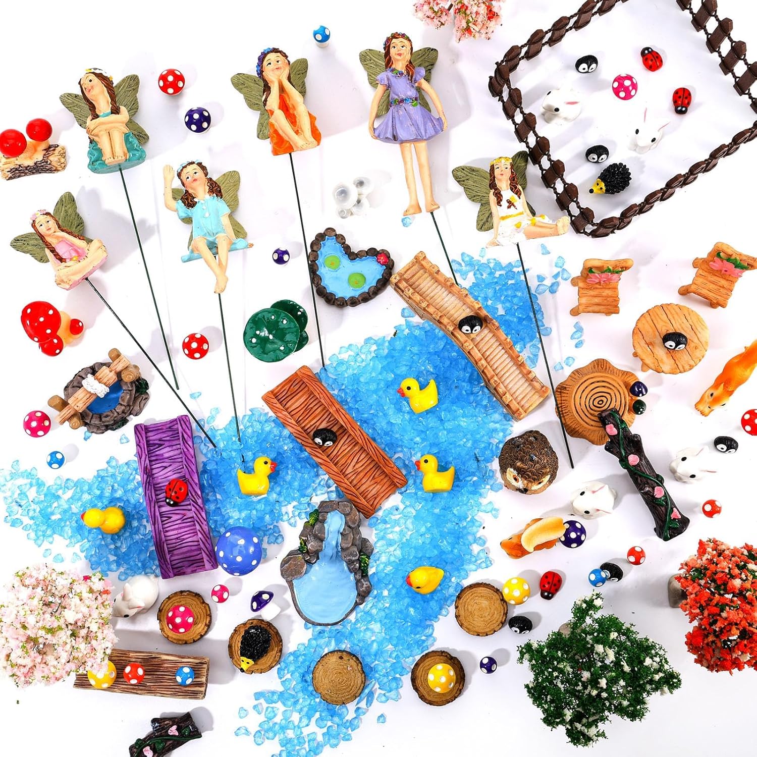 100 Pcs Fairy Garden Accessories Miniatures Figures Kit Micro Landscape Terrarium Ornaments Resin Mushroom Animal Fake Pond Lawn Bridge Garden Decoration