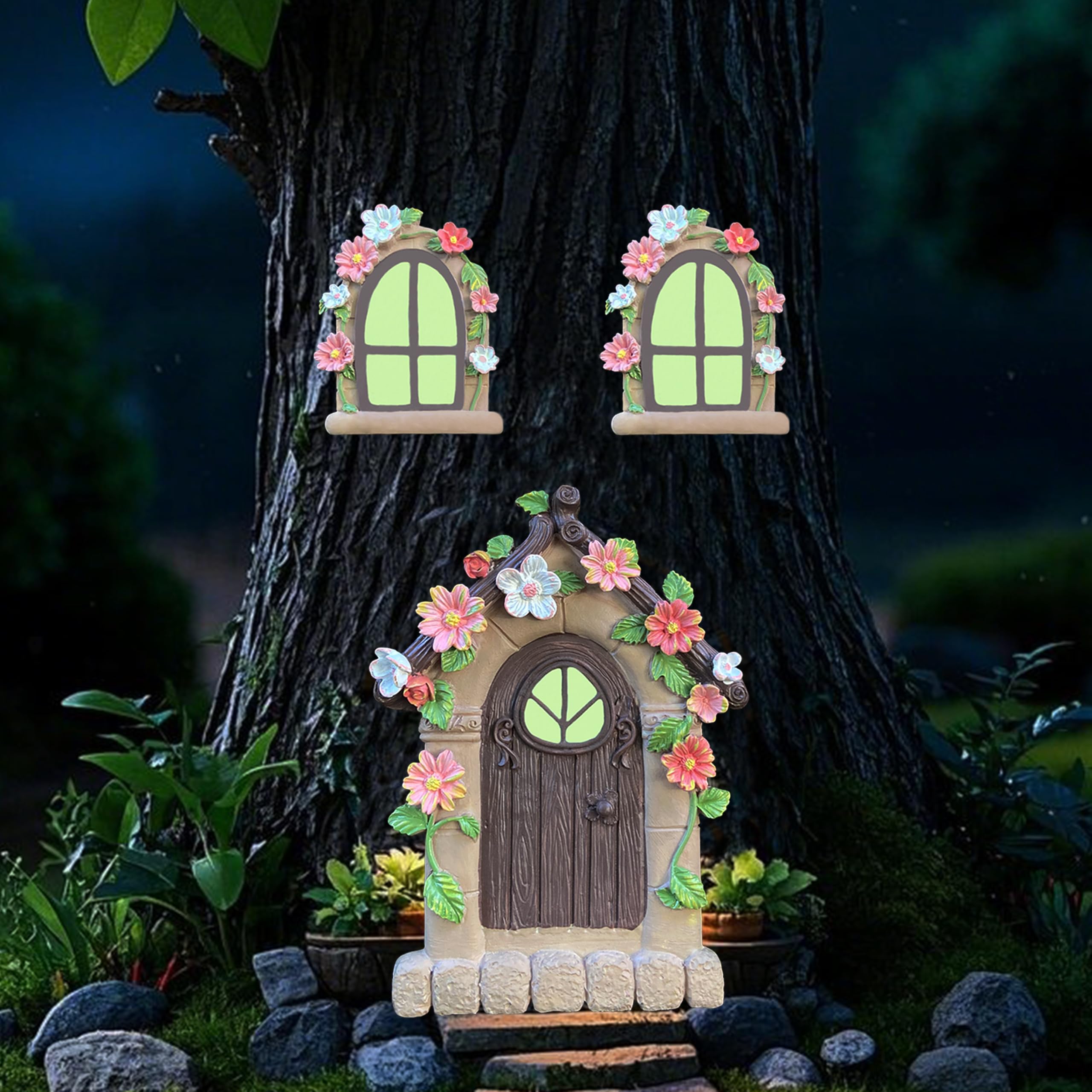 FESTGLOX Fairy Door and Windows for Tree, Glow in the Dark Fairy Garden Miniature Accessories for Tree Stump Decor, Resin Fairy House Kit with Fairy Lantern for Gnome, Outdoor Yard, Lawn, Garden Decor