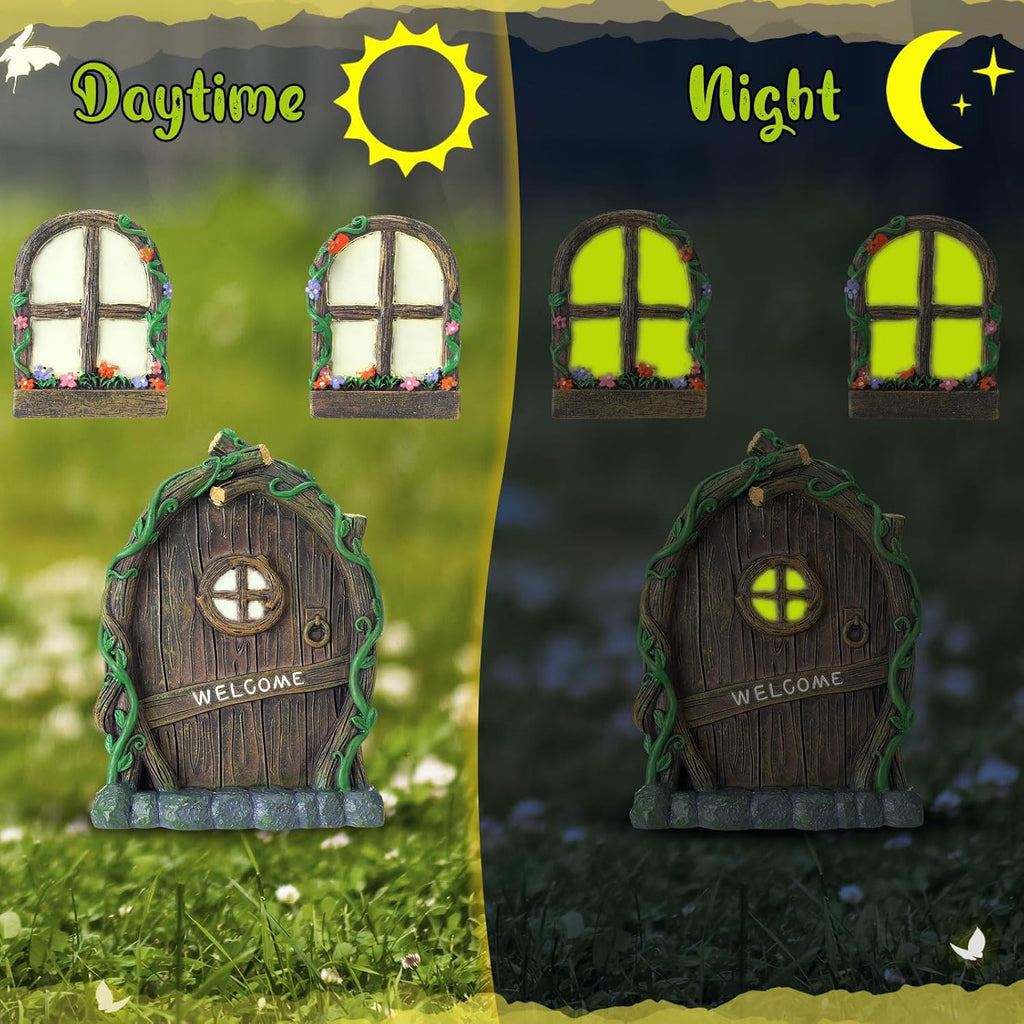 Thyle 47 Pcs Fairy House Garden Accessories Kit Glow in the Dark Mushroom House Resin Outdoor Village Door Window Figures Garden Miniature for DIY Room Wall Tree Outdoor Decorations
