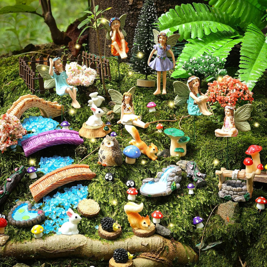 100 Pcs Fairy Garden Accessories Miniatures Figures Kit Micro Landscape Terrarium Ornaments Resin Mushroom Animal Fake Pond Lawn Bridge Garden Decoration