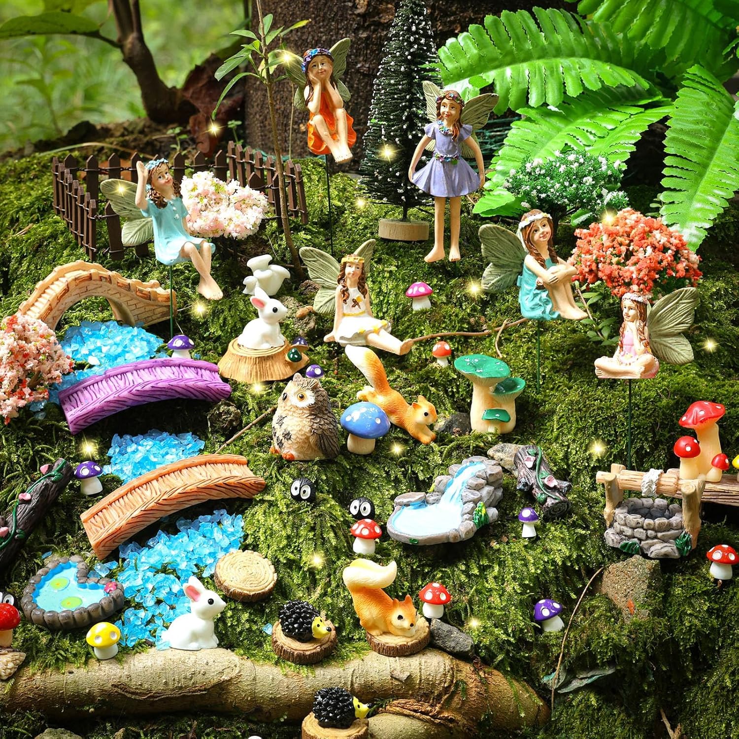 100 Pcs Fairy Garden Accessories Miniatures Figures Kit Micro Landscape Terrarium Ornaments Resin Mushroom Animal Fake Pond Lawn Bridge Garden Decoration