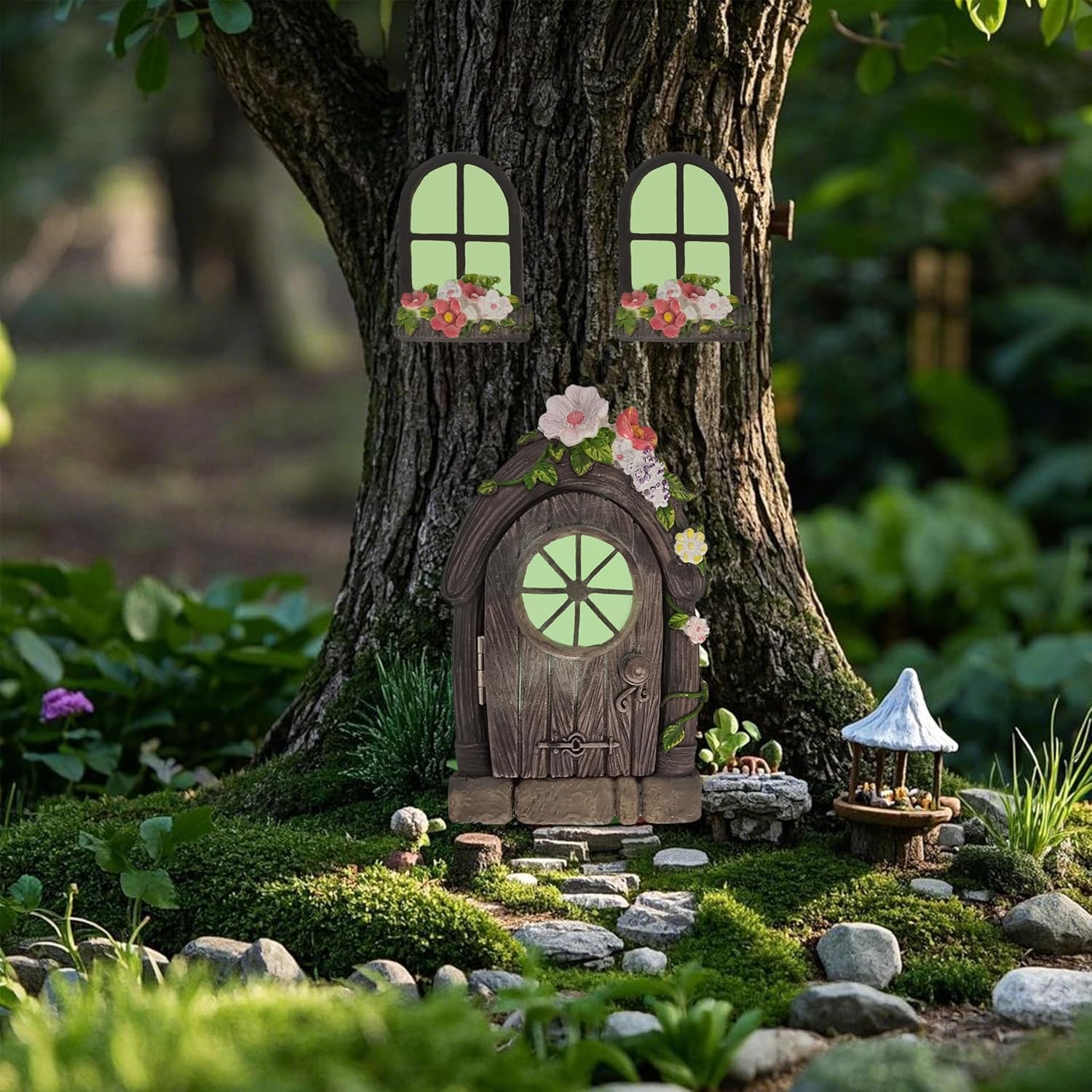 FESTGLOX Fairy Door and Windows for Tree, Glow in the Dark Fairy Garden Miniature Accessories for Tree Stump Decor, Resin Fairy House Kit with Fairy Lantern for Gnome, Outdoor Yard, Lawn, Garden Decor
